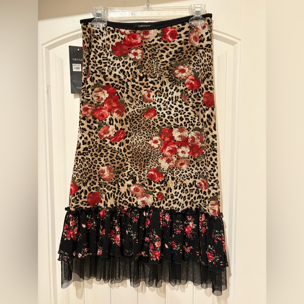 Karen Kane Leopard Floral Print Sedona Tiered Skirt Ruffle Hem Size Small NWT